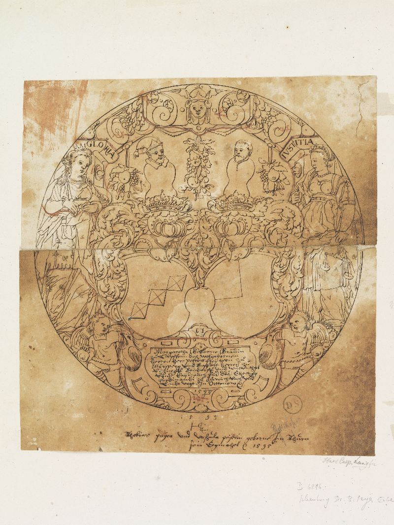 Riss für runde Allianzwappenscheibe Tobias Peyer mit den Wecken (1560 - 1620) und Ursula Zollikofer (gest. 1637) mit der Personifikation der Gloria und der Justitia